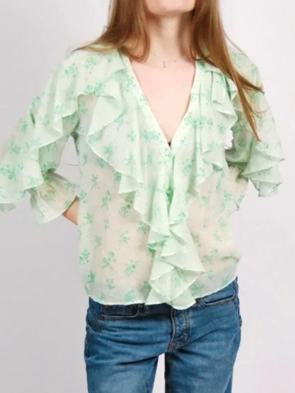 Zara Green Ruffle V-Neck Floral Blouse